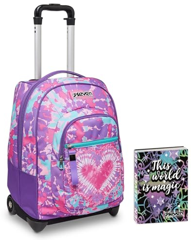 Seven Trolley Scuola, Trendy Heart Girl, Multicolore, 2 in 1, Spallacci Uso Zaino, Cross-Over System, Scuola e Viaggio + Seven Diario 12 Mesi, Nero, Ragazza