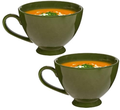 Dibor Large Soup Bowl Mugs Set of 2 600ml/20oz Crockery Gift Set (Green) | Dishwasher Safe, Microwave Safe, Footed Mug, Soup Bowl Breakfast, Lunch, Dinner, Stoneware, Ceramic, Large