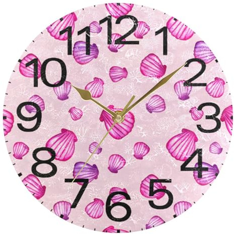 Kutsu Scale Pink Purple Seashells Wall Clock Silent Non Ticking, Battery Operated Round Clock 10 Inch for Home Bedroom Living Room Kitchen Office School Classroom, Gold