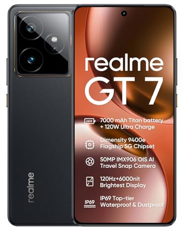 realme GT 7 5G Smartphone 12+512GB, IceSense Black, 6.78 inch Bildschirm, 120Hz Display, 7000mAh Akku, 50MP 2X Kamera, MediaTek Dimensity 9400e Chipset, IP69