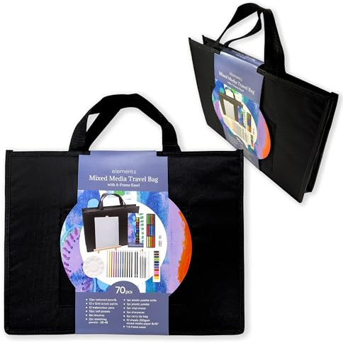 Elements 70 Pcs Mixed Media Art Set - Travel Bag and A-Frame Easel with Brushes, Pencils, Paints and Accessories - Complete Drawing and Painting Kit - Holiday Art Supplies and Season Gift List
