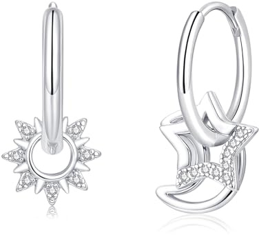 Cangall Ohrringe Silber 925, Silber Creolen mit Mond&Stern&Sonne Anhänger