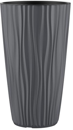 Engelland Pflanzkübel mit Einsatz, Blumentopf mit Wasserspeicher & 3D Struktur, hoch & rund, modern & frostfest, robust & langlebig, für Innen & Außen, Kunststoff, Ø 28 x H 49 cm, Anthrazit