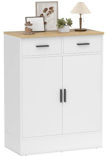 HOMCOM Küchenschrank Sideboard mit Stauraum für Küche, 2 Schubladen, Weiß | Verstellbares Regal, Kommode, Aufbewahrungsschrank für Wohnzimmer, Flur, Naturholz