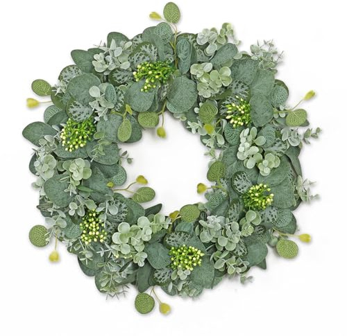 UXORSN krans för ytterdörr 42 cm, konstgjord eukalyptusskrans, vår, sommar, dekoration, dörrkrans med bär, grönt blad, välkommen kransar för inomhus, utomhus, vägg, fönster, hem, bondgård, dekoration