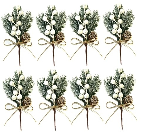Muzrunq Bacche di Natale Pigne Rami di Pino Artificiale Stelo di Agrifoglio Decorazione Ghirlanda di Natale Bianco 8 Pezzi Rami di Bacche di, Artificiali