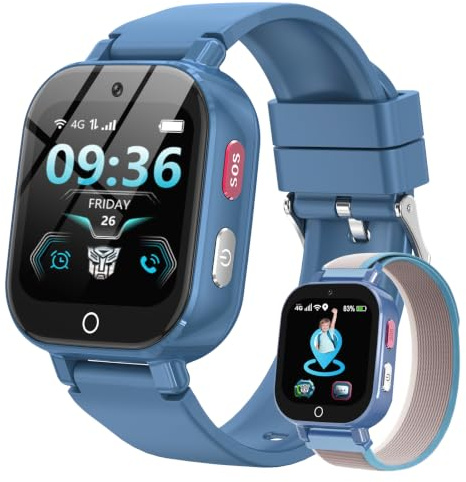 Montre Connectée Enfant 4G Appel Vidéo, GPS, SOS, Chat Vocal, IP68 Étanche | Mode École, Podomètre, Réveil, Chronomètre, Montre Telephone pour Garçons et Filles de 4 à 12 Ans Cadeau, Bleu Clair
