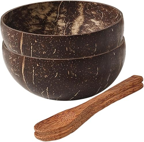 Juego de 2 cuencos de coco de 650 ml/623.7 g, grandes conchas de coco natural con cucharas, ecológico, ligero, decorativo, para cocina, hogar, servir, coco con mango práctico