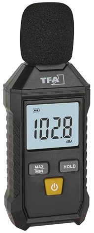 TFA Dostmann Fonometro igitale, calibrabile, 31.2002, da 35 a 130 dBA, con ponderazione di frequenza, retroilluminazione, completo di protezione antivento, custodia, funzione max-min, nero