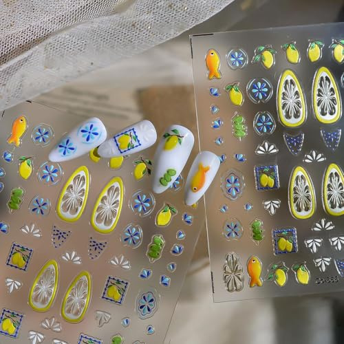 Glamoreal Sommerliche Frucht Nagelsticker, Boho-French-Tip-Nagelsticker, Zitronen Nagelsticker, selbstklebend, Fisch-Design, blau-gelb, süße Nagelsticker für Nagelkunst