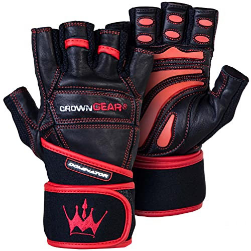 Crown Gear Weightlifting Gloves for Gym Fitness Crossfit Bodybuilding - Workout Weight Lifting Gloves for Men & Women - Dominator Leather Crossfit Training Gloves Wrist Support Wraps (M)
