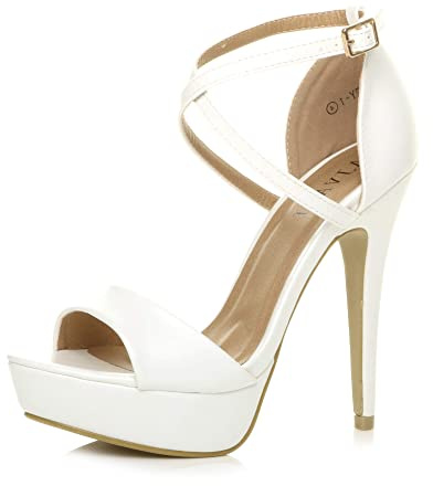 Ajvani Womens Ladies Platform high Heel Peeptoe Cross Over Strappy Shoes, 5 UK, White Matte