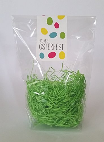Ostertüten Zellglasbeutel Cellophan transparent 180 x 300 mm (10 Stück) (Motiv Bunte Ostereier) mit Ostergras