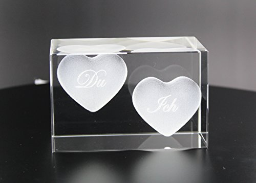 VIP-LASER 3D Glaskristall Quader XL 3D Zwei Herzen Du und Ich graviert