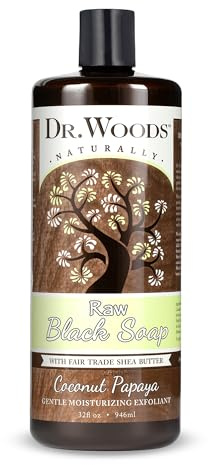 Dr. Woods Raw African Liquid Coconut Papaya Black Soap- Body Wash for Men & Women, Organic Shea Butter, Gentle Exfoliant, Coconut & Papaya Fragrance, Natural Cleanser for Face, Hands, Body- 32 Fl Oz