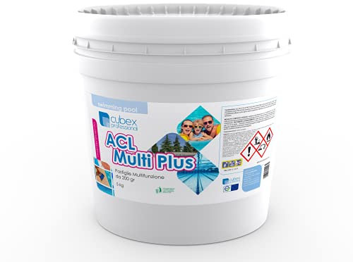 ACL Multiplus 10 KG – Pastiglie Multifunzione da 200 gr per Pulizia della Piscina a 4 Azioni: Donatore di Cloro, Antialghe, Flocculante e Chiarificante.