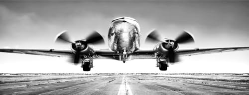 artissimo Bild aus Glas 80x30 cm Flugzeug AG3933A – Aviation Wandbild Propellerflugzeug schwarz weiß, Panorama Glasbild Querformat, moderne Wanddeko