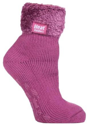 HEAT HOLDERS Ladies Lounge Feather Turn Over Cuff Socks with Grips 1 Pair | Cosy, Warm Slipper Socks, Soft, Non-Slip Gripper, Gift Idea