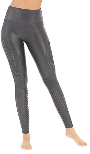 SPANX SPANXshape Faux Leather Moto Leggings - Seamless Tummy Control - Contoured Leather Leggings - Very Black - Petite, 24 Inch Inseam - X-Large