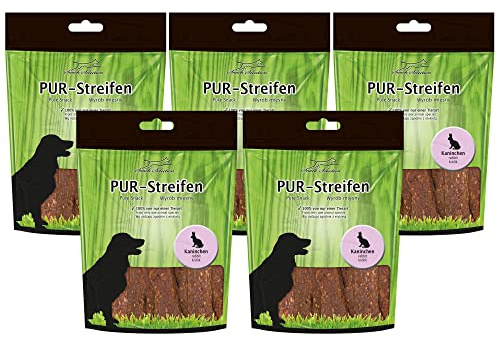 Schecker 5 x 100g PUR Kaustreifen Kaninchen - getrocknet - ohne Zusätze - Hundesnack nur vom Kaninchen
