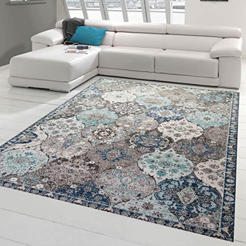 Teppich-Traum In- & Outdoor Orientteppich Ornamente Grau Blau 200x290 cm | Pflegeleicht, schmutzabweisend, farbecht und allergikergeeignet, für Terrasse, Balkon, Garten, Pavillon und Schlafzimmer