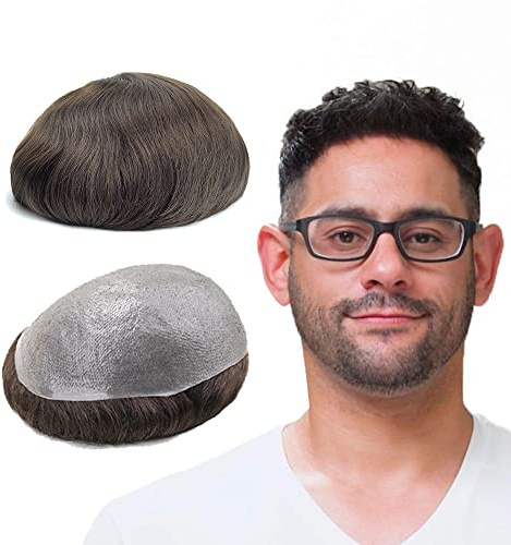 Lordhair Perruque pour Homme，Toupet Homme Naturel Cheveux Humains, 0,06 mm V-looped de Taille de Base de Peau Super Mince 20X25 CM Perruque pour Hommes Remplacement des Cheveux Système