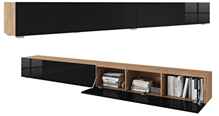 PLATAN ROOM Fernsehschrank TV-Lowboard 105/140 / 160/210 / 280 In Weiß Hängend Oder Stehend Hochglanz Matt (280 x 30 x 32, Eiche Gold/Schwarz Hochglanz)