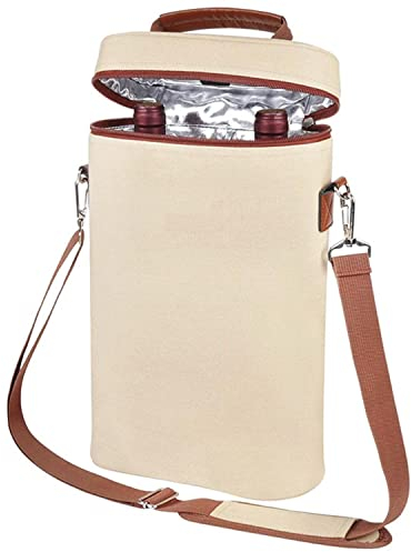 INTIRILIFE Kühltasche für 2 Flaschen – Getränkekühler Weintasche Champagner Wasser Saft – Isolierte Tragetasche mit Schultergurt & Griff – Picknick Tasche Outdoor Beige-Braun – 21x9.7x35.6 cm