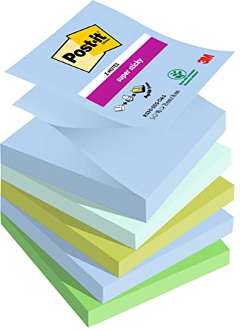 Post-it Super Sticky Z-Notes Oasis Collection, Packung mit 5 Blöcken, 90 Blatt pro Block, 76 mm x 76 mm, Blau, Grün - Extra-stark klebende Notizzettel für Notizen, To-Do-Listen und Erinnerungen