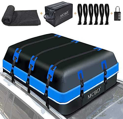 Car Roof Bag, 21 Cubic Feet Large Soft-Shell Waterproof Travel Cargo Carrier Luggage Box for All Vehicles SUV with/Without Racks, Includes 10 Reinforced Straps + 6 Door Hooks, Blue