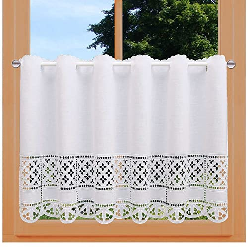 Scheibengardine Petrissa Vogtländische Spitze | Landhaus-Scheibenhänger mit Bohrarbeit in weiß | Kurzgardine im modernen Shabby Chic | zeitloses Panneaux aus Baumwoll-Linon Höhe x Breite 40 x 106 cm