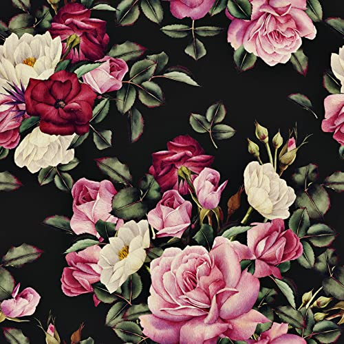 Selbstklebende Tapete Blumen Klebefolie Muster für Möbel Küchenschrank 60CM x 300CM Floral Wandtapete Selbstklebend Rosa/Rot/Schwarze Möbelfolie Muster Tapeten Wohnzimmer Adezimmer Wasserfest Türfolie