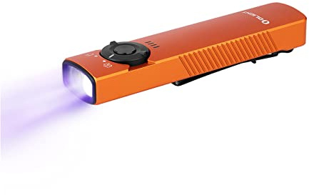 OLIGHT Arkfeld UV EDC uppladdningsbar ficklampa med dubbel ljuskälla, vitt ljus och UV-ljus, 1 000 lumen 85 meter, lämplig för daglig belysning och fläckdetektion (orange kall vit)