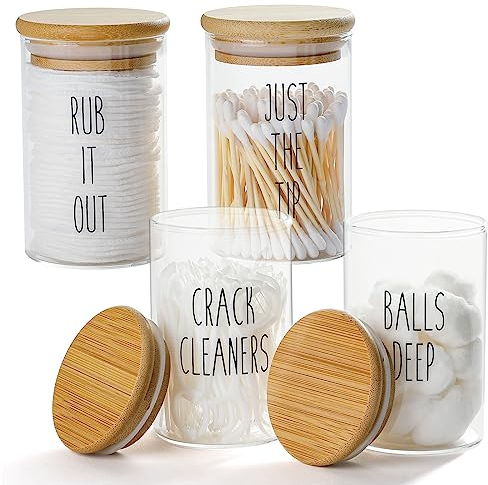 FEILANDUO Qtip Halter Spender mit Bambusdeckel, Glas-Apothekerglas für Wattebälle, Tupfer, Pads, Zahnseide, Bauernhaus-Badezimmer-Behälter, Zubehör mit Tablett, Make-up-Organizer, 280 ml (Set of 4)