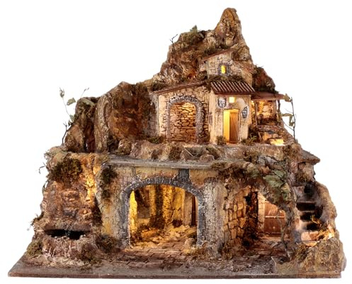 Bergdorf mit Grotte, Beleuchtung und Wasserfall, für 10-12 cm Krippe, 75x80x50 cm