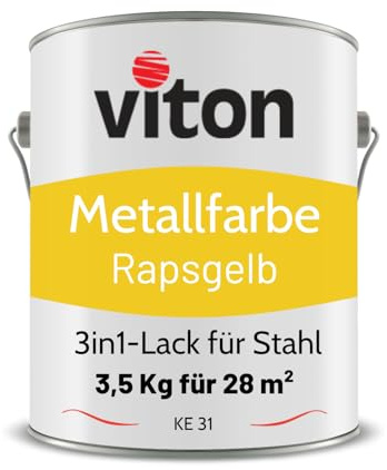 Viton Metallfarbe 3,5 Kg - 3in1 Metallschutzlack - RAL 1021 Rapsgelb | Hohe Deckkraft, Tropffrei, Korrosionsschutz, Grundierung, auf Rost streichbar