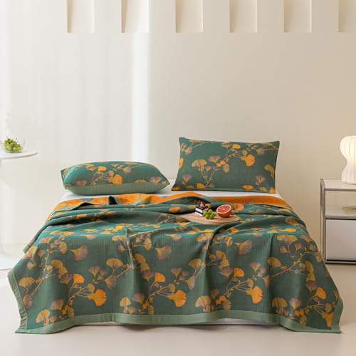 Purefair 100% Cotton Jacquard Quilt Floral Ginkgo Leaves Print,Soft Muslin Bed Cover 3 Layers Reversible Bedspread Coverlet Breathable Lightweight Bedding,King(98x94), No Pillow Sham