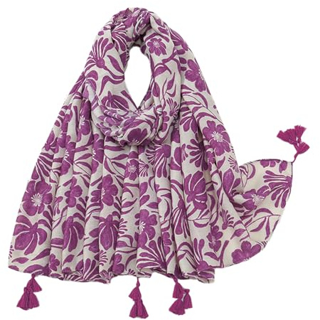 Pluto & Fox Fular Para Mujer Con Flecos Bufanda Estampado Flores Estolas Floral Diseño Retro Pañuelo Cuello Elegante (Talla única, Morado)