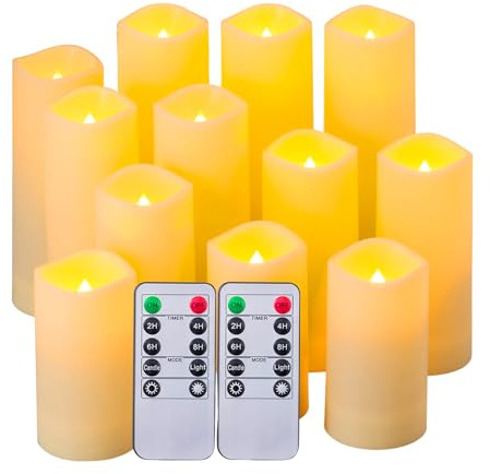 GDWD LED Kerzen, 12er Set Flammenlose Kerzen, Outdoor Wasserdichte Flammenlose Kerzen mit 10-Tasten Fernbedienung Timer Funktion, Batteriekerzen, LED Stabkerzen, Dekorations Kerzen-Säulen