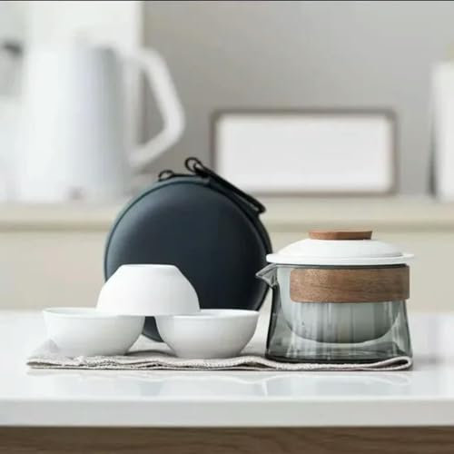TAMTAK Kit de théière et de Tasses à thé, Service à thé Domestique de Voyage, Sac Portable d'extérieur, Fournitures de Service à thé Chinois, 1 Bol 3 Tasses
