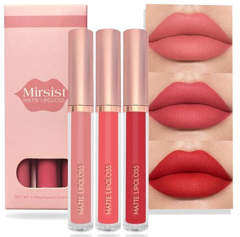 Lip Gloss Set, 3 Colors Nude Red Matte Lipgloss Liquid Lipstick Sets, Long Lasting Waterproof Plumping Velvet Lipsticks Lip Stain Makeup Gift for Girls and Women