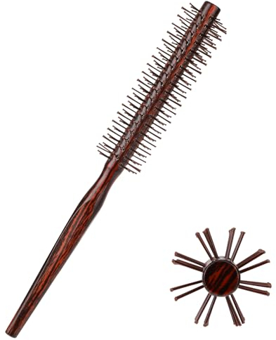 Piccola spazzola rotonda per capelli per asciugatura, mini spazzola a rullo Quiff da 2,5 cm con manico in legno di pero e setole a sfera in nylon, spazzola arricciacapelli per barba da donna e uomo