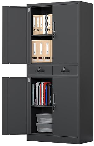 JINGUR Metal Storage Cupboard with Locking Doors and 2 Drawers (Black) | Lockable Steel Storage Cabinet with Adjustable Shelves and Adjustable Feet for Home Office Garage Kitchen Pantry
