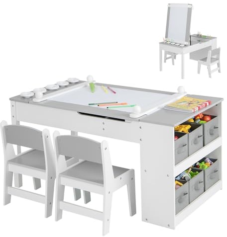 GOPLUS Kinderkunsttisch mit 2 Stuhl & seitliche offene Regal, Kindermöbel Set mit Stauraum & Maltisch, Kindersitzgruppe für Zeichnen & Schreiben, für Kinderzimmer Spielzimmer Kindergarten (Grau)