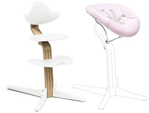 Stokke Nomi Stuhl (Oak White) mit Newborn Set (White/Grey Pink) - Inklusive 5-Punkt-Sicherheitsgurt und wendbarem, waschbarem Textilset - Bis 150 kg belastbar