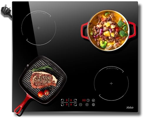 Hobsir Induction Hob, Induction Cooker Plug in Hob Electric Hobs 4 Burners 60cm Bulit-in 2800W, Touch control, Timer, Child-Safety Lock, with 13 Amp, Black Glass Design