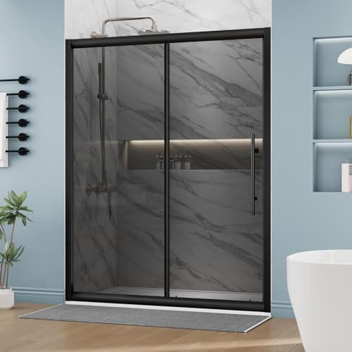 DELAVIN 60 W x 72 H Semi-Frameless Sliding Shower Door with Magnetic Seal Strip, Glass Shower Door with Gray SGCC Tempered Glass, Black Shower Doors with Water Seal Strip, Reversible Installation