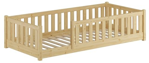 Erst-Holz®Baby-Bett, Holzbett 90x200 mit Rundumsicherung Kiefer Natur lackiert V-60.77-09Rollrost inkl.