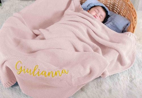 Tivhelrf Individuelle Baby-Strickdecken mit handbesticktem Namen, personalisiertes Geschenk für Säuglinge, Kleinkinder und Kinder