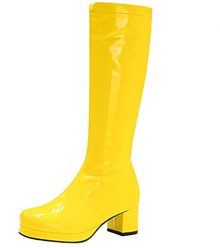 MISSUIT Damen Lack Blockabsatz Kniehohe Stiefel Plateau High Heels Stiefel Kniehoch Knee High Boots Reißverschluss(Gelb,38)